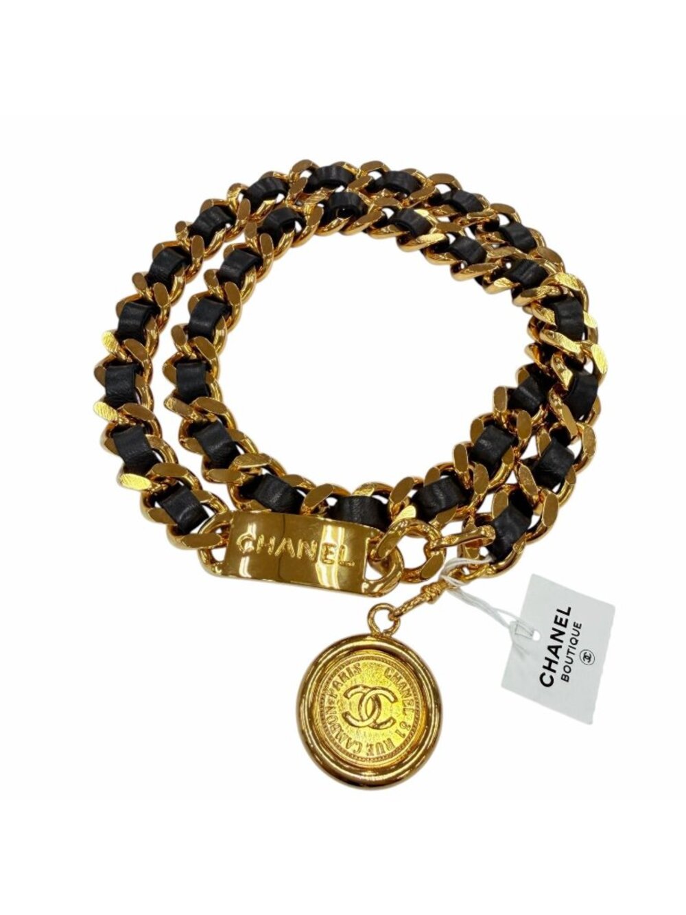 Chanel Vintage Metal Logo CC Coin Leather Chain Belt Gold Black